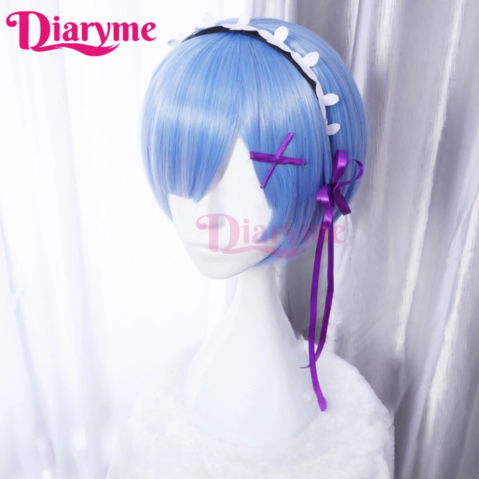 Blue Cos Wig Synthetic Short Straight Anime “Rem” Cosplay Wig With Bangs For Holiday Party Halloween Costume Wigs For Women Loli
