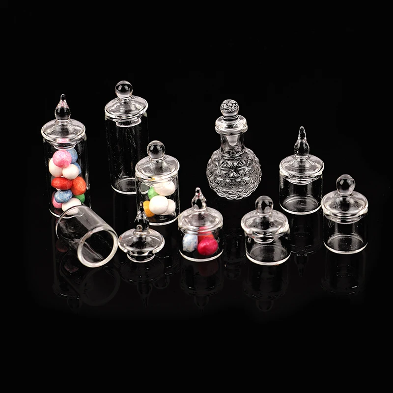 1Pc 1:12 Dollhouse Miniature Clear Glass Jar Candy Bean Storage Bottle Tiny Jar With Cover DollHouse Kitchen Decor Accessories 5