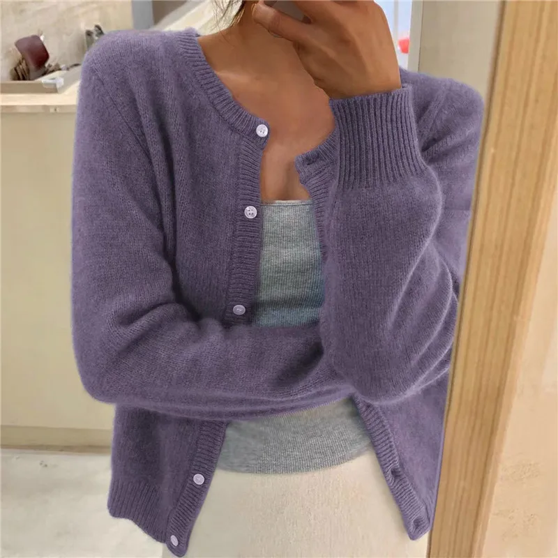 여성용 단색 니트 가디건, 한국 싱글 브레스트 긴팔 점퍼, 라운드 넥, 올 매치 가디건, 아웃웨어 2024