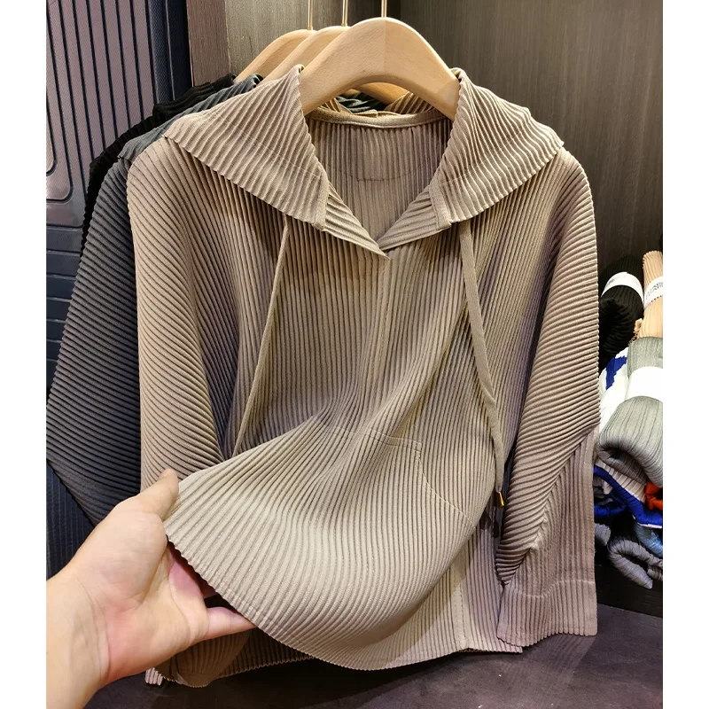 

Ageing with Miyake Fashion Casual Hooded Sweater Solid Color Loose Thin Pleated Tops Female Fall New Plus Size Women Clothing