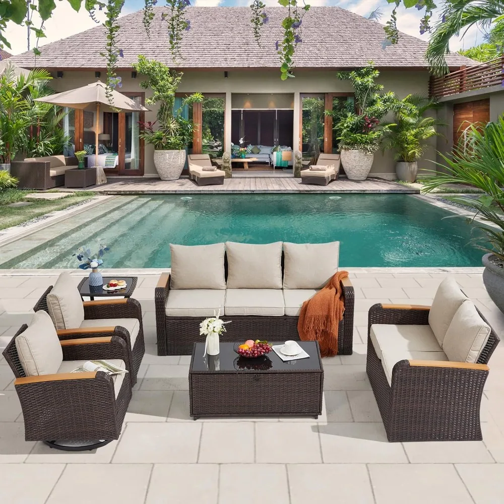 6 Pieces Patio Furniture Sets with Swivel Chairs, Outdoor Furniture Set for Porch Deck Bistro Lawn Garden Backyard Poolsid-Khaki 3
