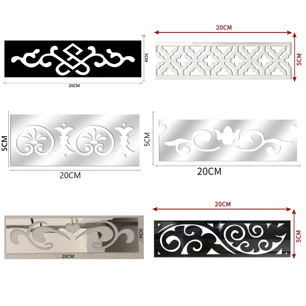 12/6pcs Waist Line 3D Mirror Wall Stickers Living Room Creative pattern Edge Strip Self Adhesive DIY Wall Stickers Home Decor