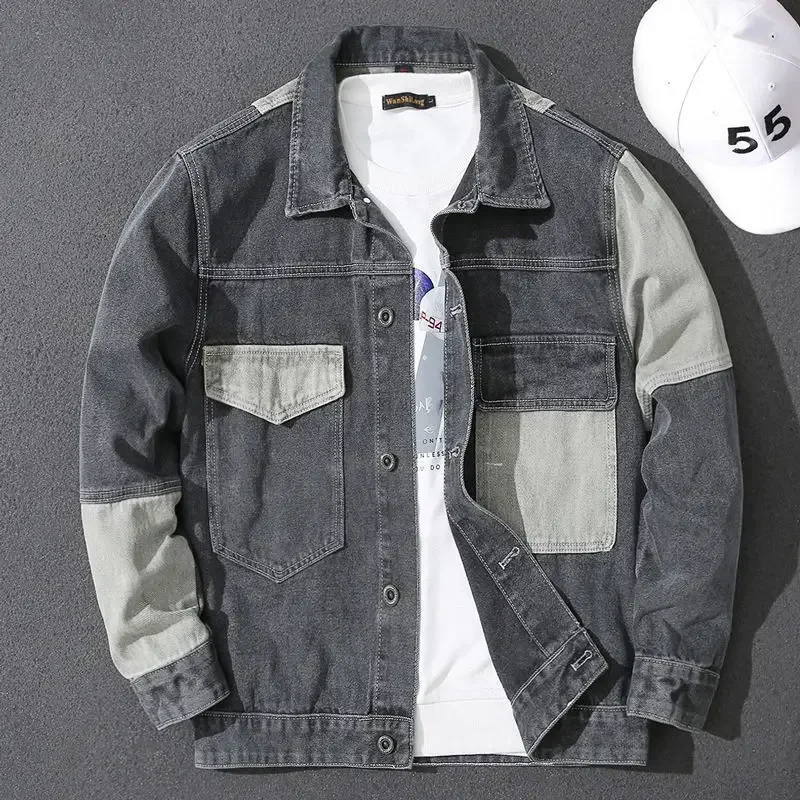 thumbnail image 1 of Abrigo de Jeans para Hombre Empalmado Gris con Oveja Chaquetas de Mezclilla Hombre Cálidas Acolchadas de Lana Mangas Anchas Acolchado Corea de Tela Talla L Vaquero, 1 of 5