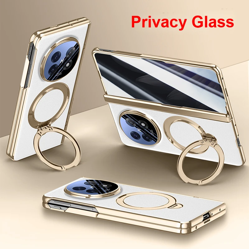 Luxury Leather Folding Case with Magnetic Rotating Ring Holder & Privacy Glass