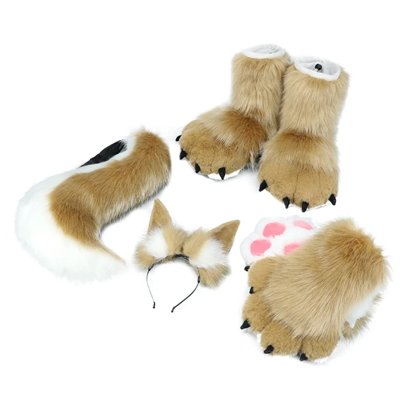 

Foxes Tail Faux Furs Ear Headband Paw Gloves &Boot Set for Adult Children Halloween Fancy Party Cosplay Costume Dropship