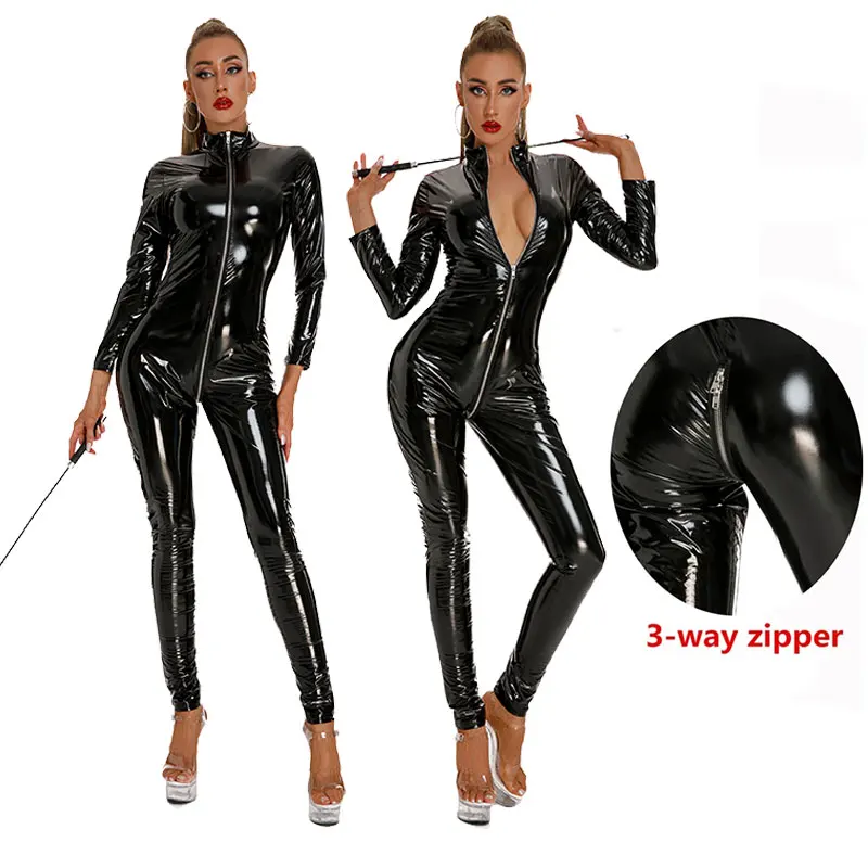 

Sexy Corset Tight Uniform PVC Jumpsuit PU Erotic Long Sleeve Zipper Pants Odorless Ladies Shiny Wetlook Stretch Jumpsuits