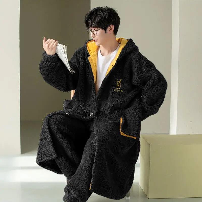 Autumn Winter Men's Coral Velvet Pajamas Long Hooded Nightgown Pants Thickened Warm Home Clothing Set Oversized Bathrobe