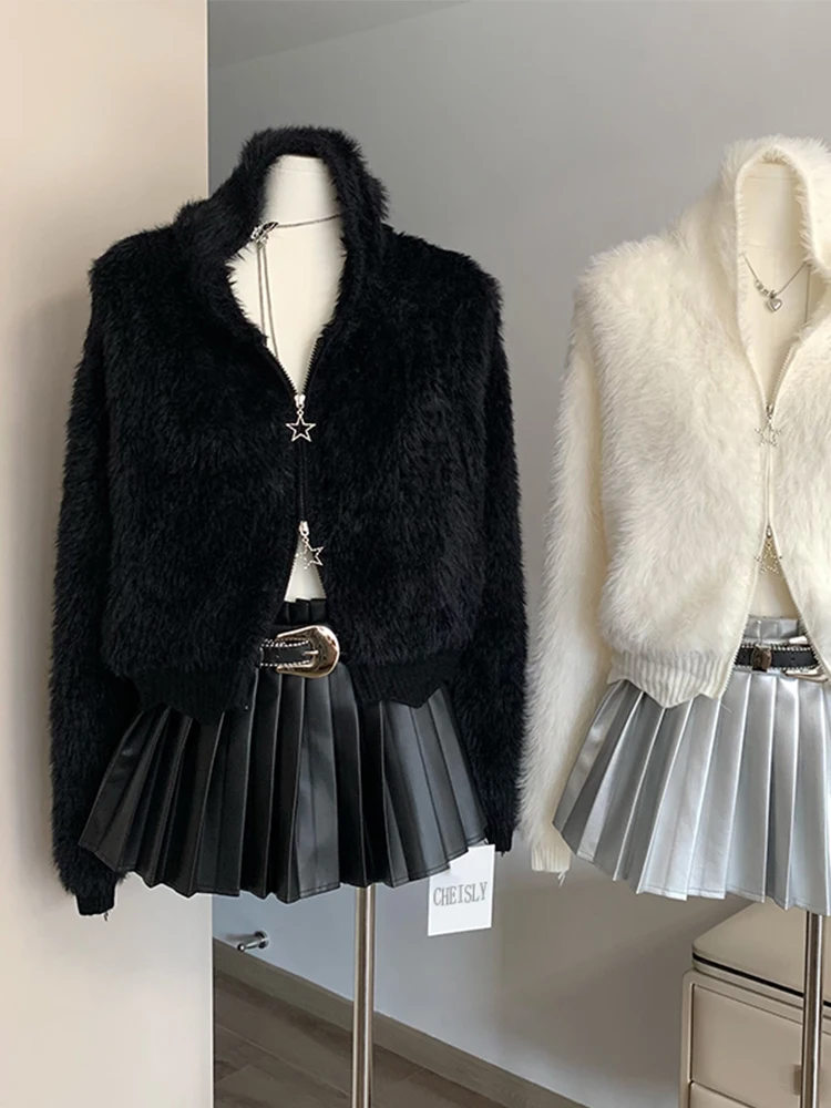 

Корейский Осенний женский кардиган Harajuku на молнии с капюшоном уютный плюшевый теплый свитер шикарная Милая простая верхняя одежда в стиле гиару Mori Girl