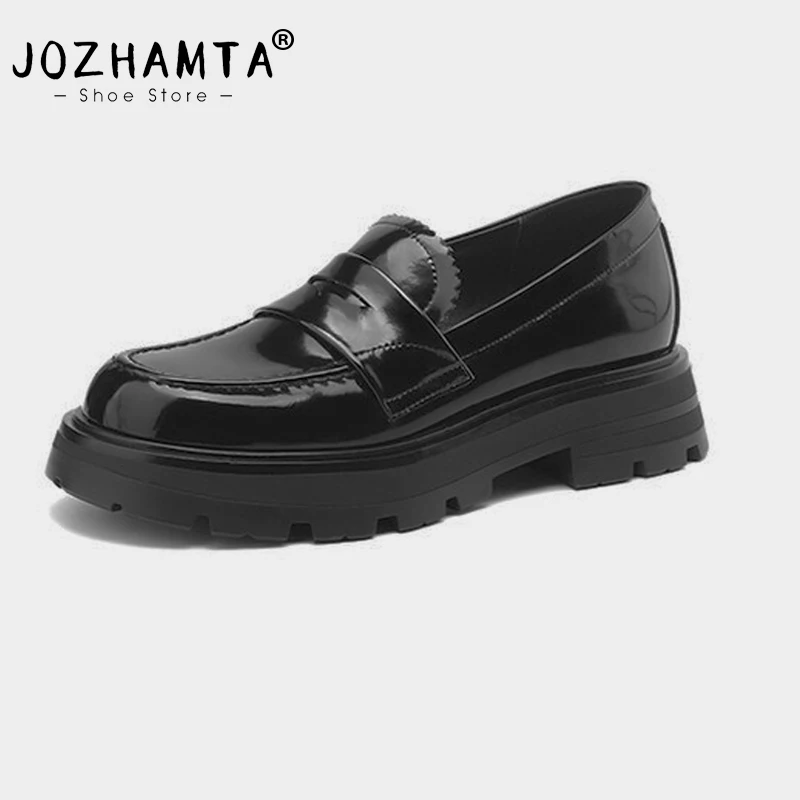 

JOZHAMTA Size 34-39 Real Leather Casual Loafers For Women 2024 Spring Platform Mid Chunky Heels Shoes Thick Sole Vintage Work