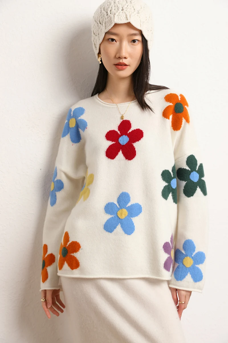 

Cashmere Traf Official 2023 Autumn Winter Women's New Casual Color Flower Wide-Sleeved Thickened Round Neck Sweater