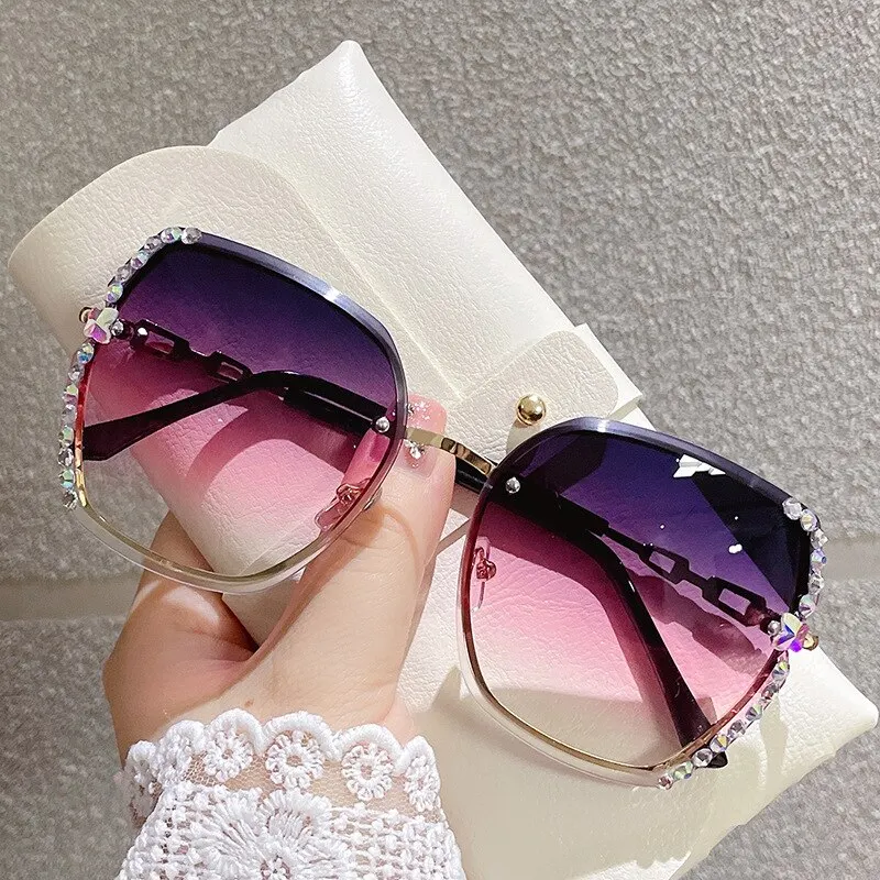 Rhinestone Decor Rimless Fashion Sunglasses with Gradient Lenses, UV400 Protection