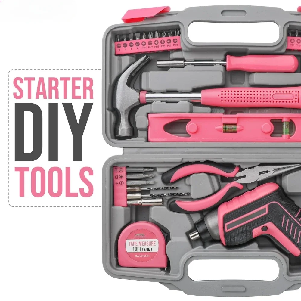 35pc Pink tool kit with 3.6V USB Electric Screwdriver and drill set. Complete women tool set pelican case toolbox 4