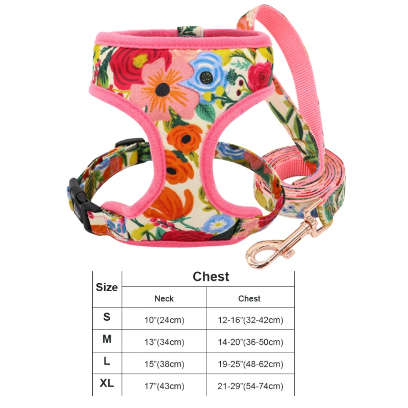 Print Flower Dog Harness Leash Set Forest Floral Pet Puppy Harness Vest Leashes Adjustable for Small Medium Large Dogs Chihuahua 