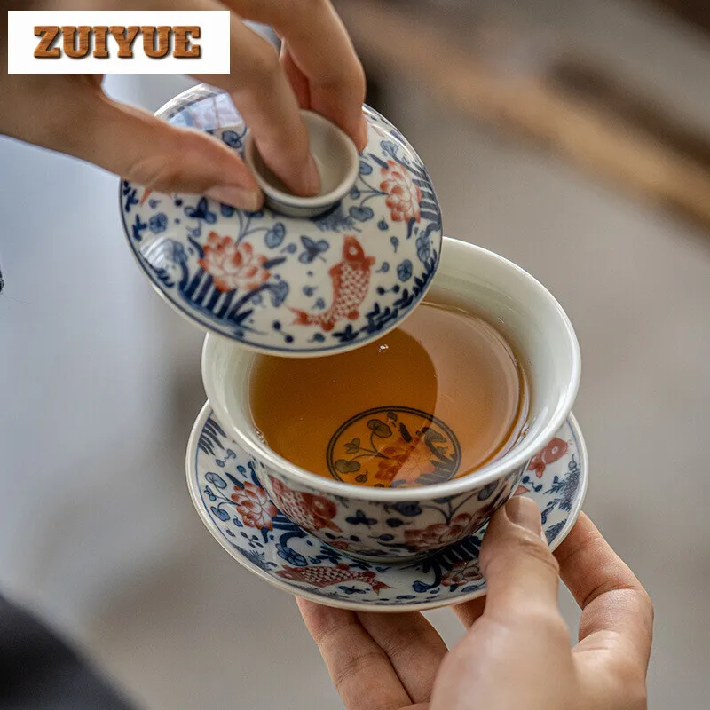 180ml Jingdezhen Blue and White Gaiwan Retro Fish Lotus Traditional Tea Tureen Tea Maker Cover Bowl Chinese Set Ornaments