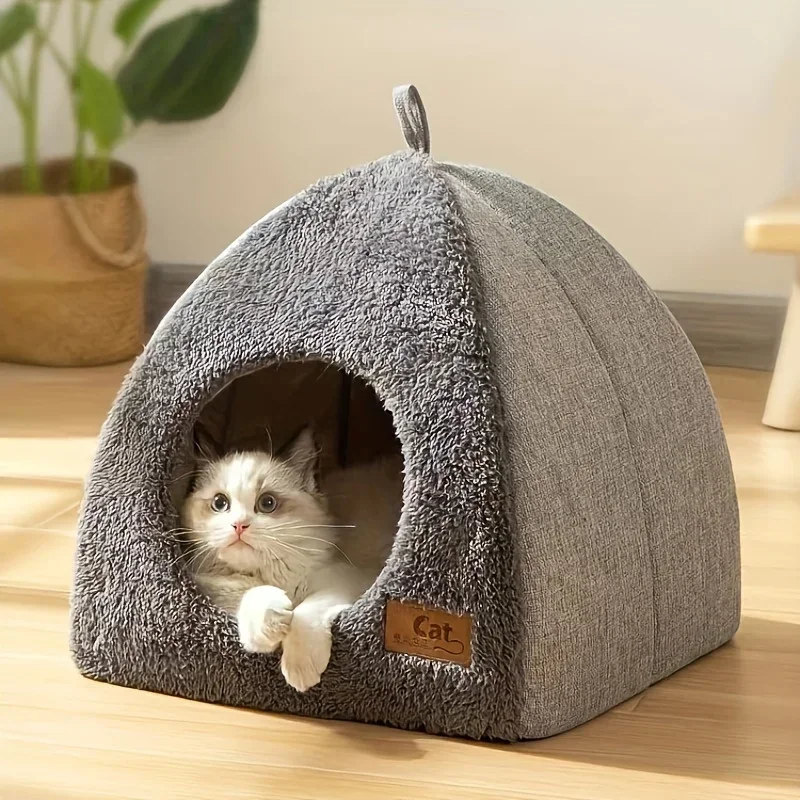 Pet Bed Cat House Soft Plush Sleeping Nest with Removable Mat, Indoor Enclosed Warm Cozy Tent for Cats, Cat Tent Bed