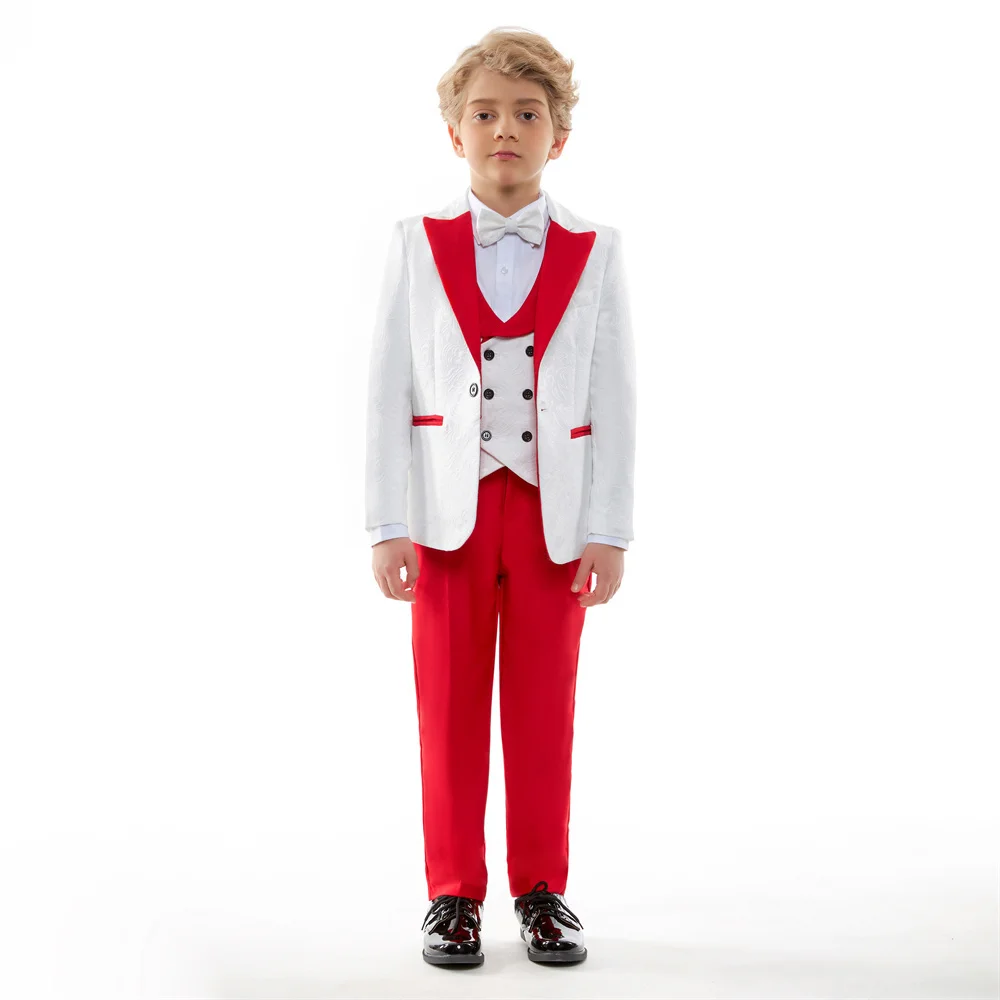 Hübscher roter Jungen anzug klassisches Paisley für Jungen 4-teiliger Anzug Schul leistung Klavier anzug enthält Blazer Weste Hosen Fliege