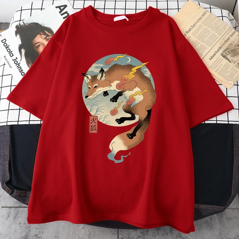 

Fire Cartoon Fox Japanese Printed Men Short Sleeve Harajuku Casual Cotton Tee Clothing Oversize All-math Mans Cotton T-Shirts