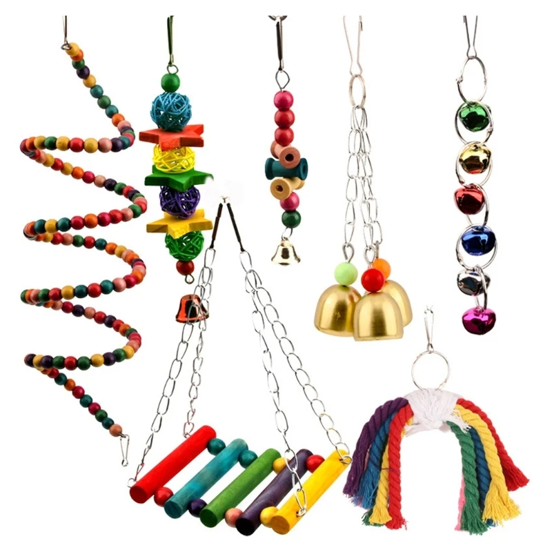 

7Pcs Bird Toy Parrot Swing Ladder Perch Bells Rope Toy for Cockatiel Macaw New Dropship