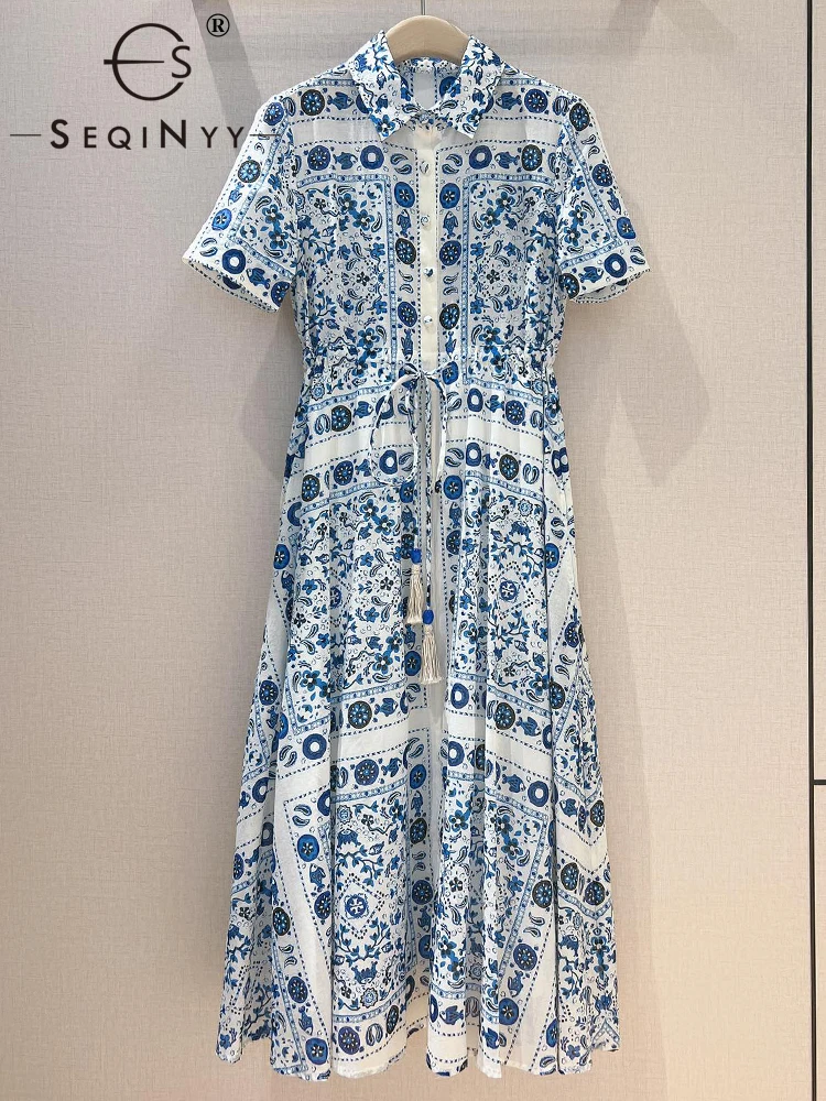 

SEQINYY 100% Cotton Dress Summer Spring New Fashion Design Women Runway High Street Blue Vintage Flower Print Belt Tassel