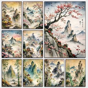 Pittura a inchiostro classica cinese Bellissimi fiumi e montagne Albero antico Pittura su tela Colori murali Decorazione della casa in studio