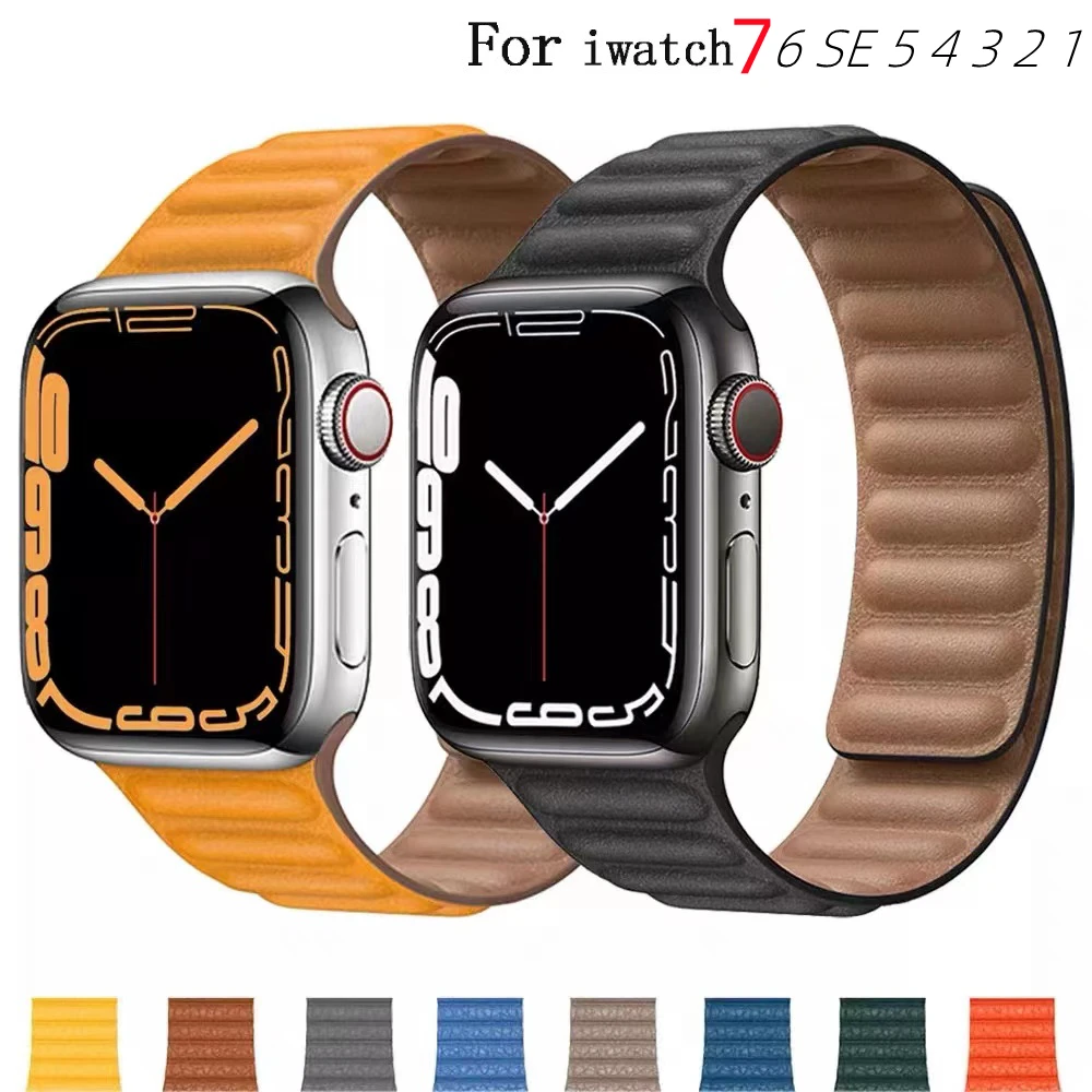 

Leather Link strap For Apple watch band 45mm 44mm 42mm 40mm 41mm 38mm original Magnetic Loop bracelet iWatch series 3 5 4 SE 6 7