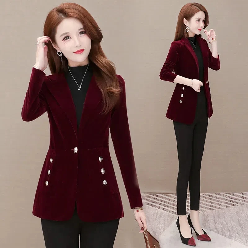 Golden Velvet Fashion Suit Jacket Women's Spring Clothes In 2023 New Trendy Temperament Ladies Slim Professional Leisure Suit To