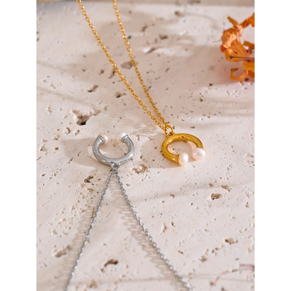 Yhpup Natural Pearl U Shape Pendant Necklace
