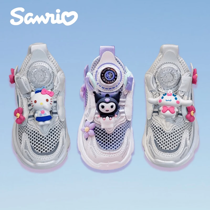 

Sanrios Hellokittys Kuromi Cinnamoroll Girls Button Sneakers Ultralight Casual Rotary Mesh Breathable Non-Slip Kids Daddy Shoes