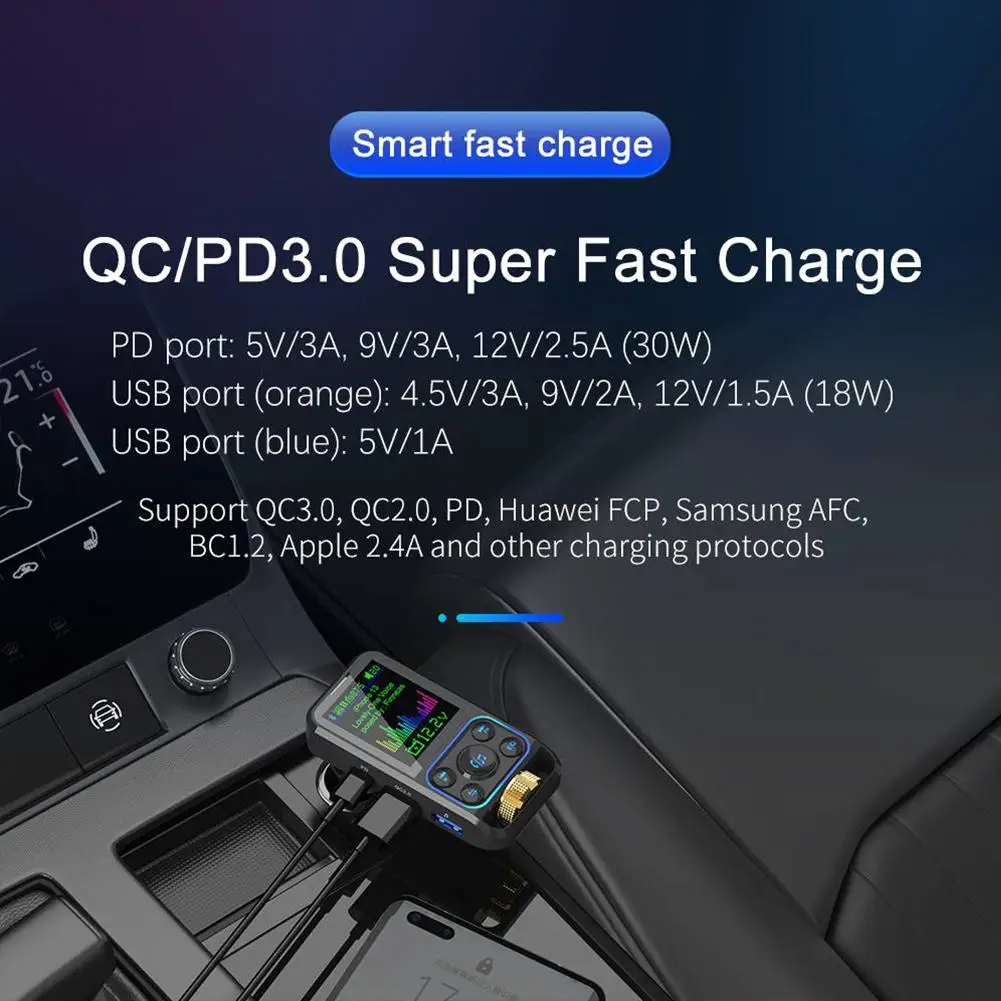 Fm Transmitter Wireless Car Handsfree Bluetooth MP3 Music Player With Type-c Port QC3.0 PD3.0 PD Charging 3.1a Dual Display