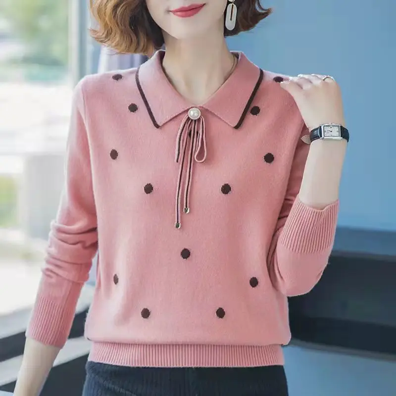 

Autumn Winter Dot Printing Turn Down Collar Large Nail Bead Bow Decorate Thick Pullovers Straight Women Knitting Sweaters 3XL