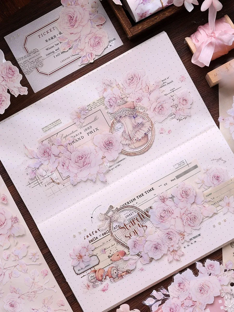 XiaoBaiJia Studio Vintage Pink Rose Floral Washi PET Tape DIY Card ...