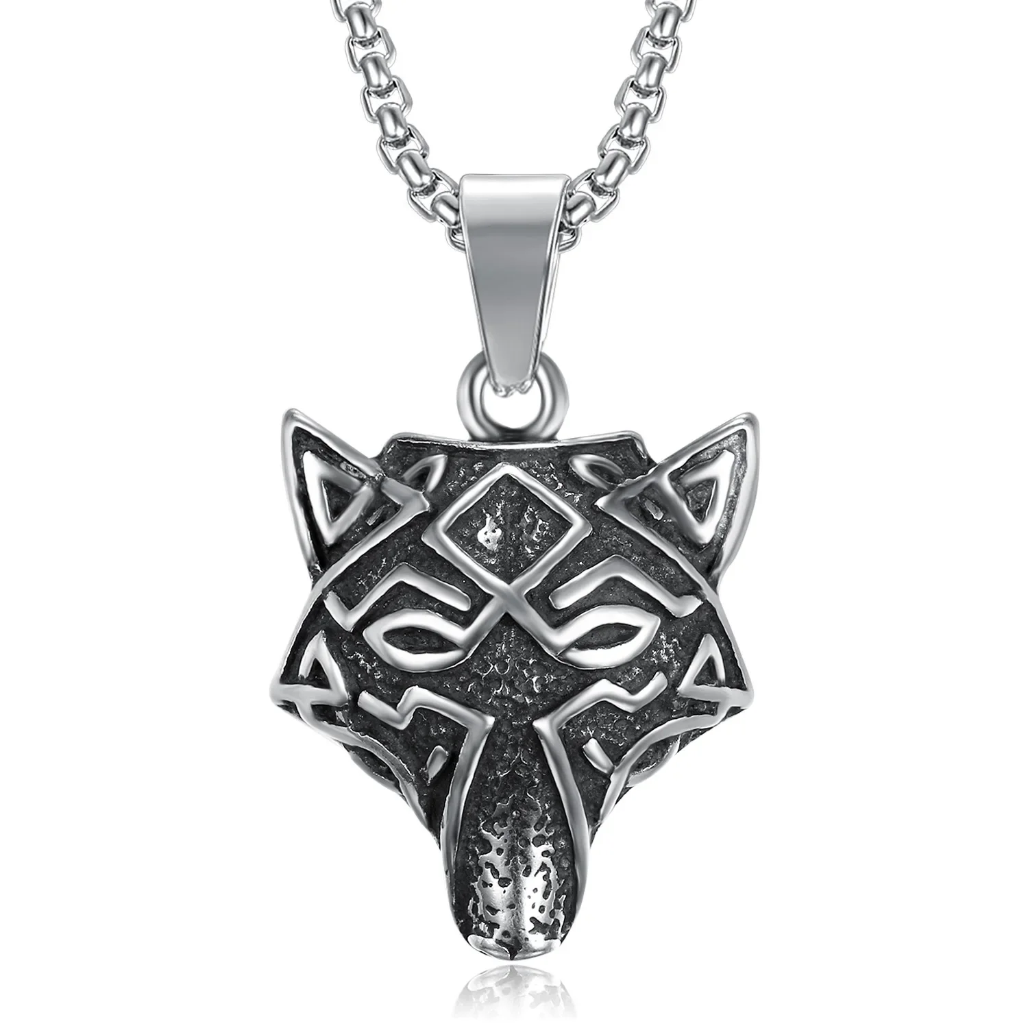 

CHUANGCHENG Peronalized Celtic Ice Wolf tainle teel Pendant Vintage Cooked Black Wolf Head Men' Necklace Chians