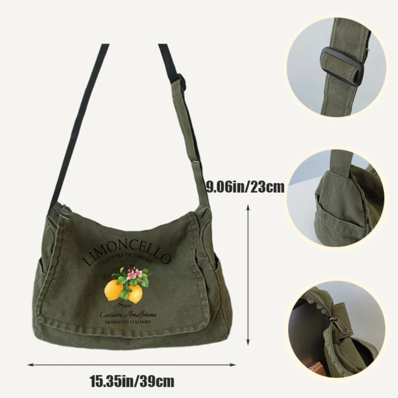 Retro Women's Shoulder Bag Lemon Print Large Capacity Canvas Messenger Bag Daily Use Women's Crossbody Bag
