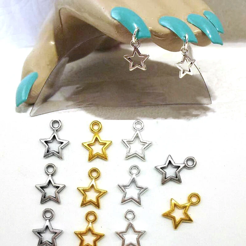 100/10pcs 3D 합금 럭셔리 실버 스타 네일 매력 중공 피어싱 매달려 보석 네일 아트 장식 DIY 펜던트 매니큐어