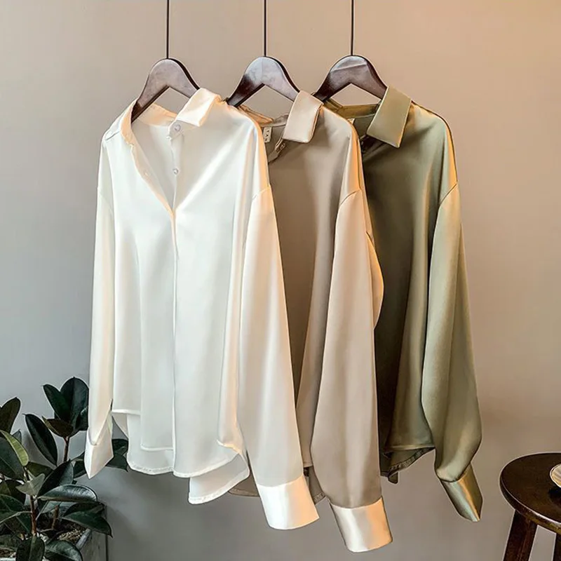 

Satin Women Shirts Elegant Office Ladies Long Sleeve Fall Shirts Sold Casual Korean Loose Female Tops New