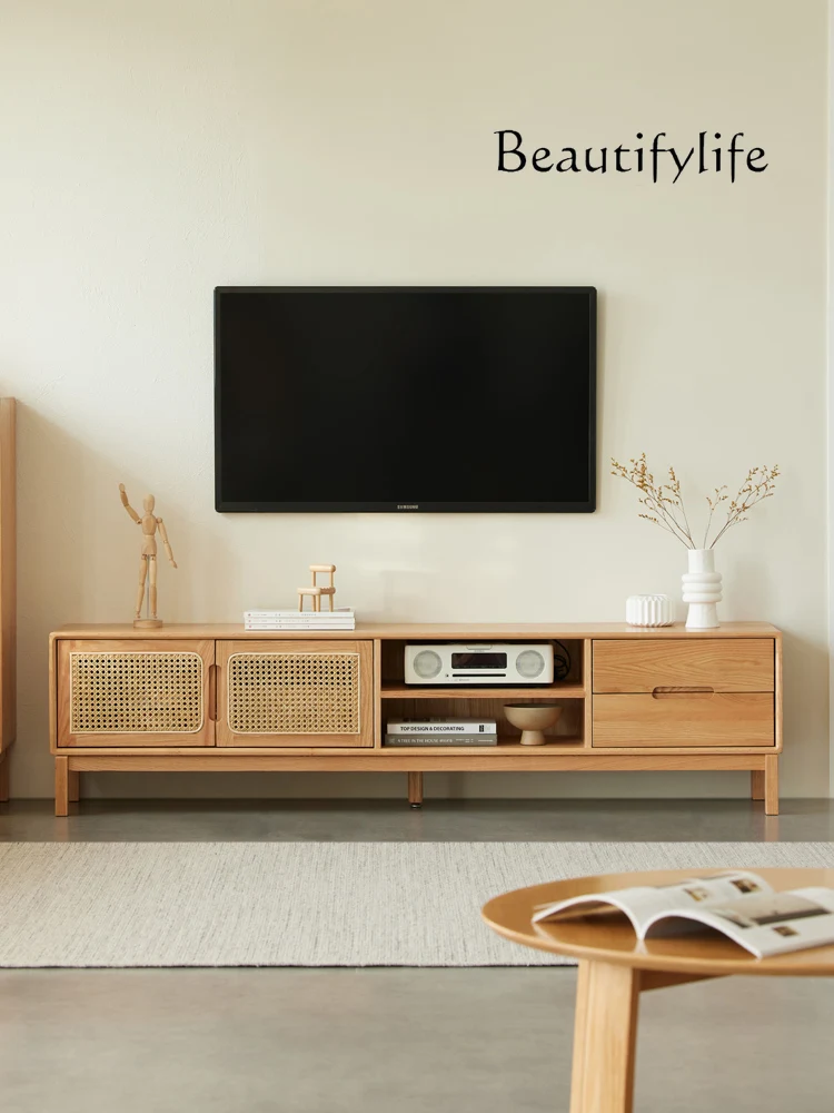 

Nordic Minimalism Solid Wood TV Cabinet Japanese Style Log Wind Floor Cabinet Modern Living Room Rattan TV Stand