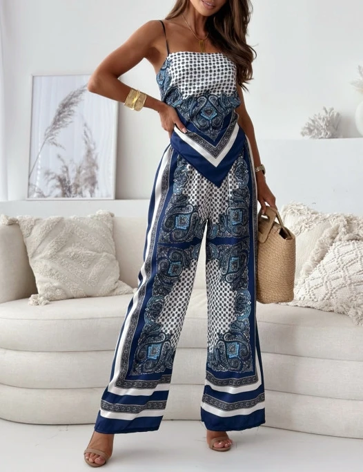 Irregular Printed Suspenders Two Piece Suit