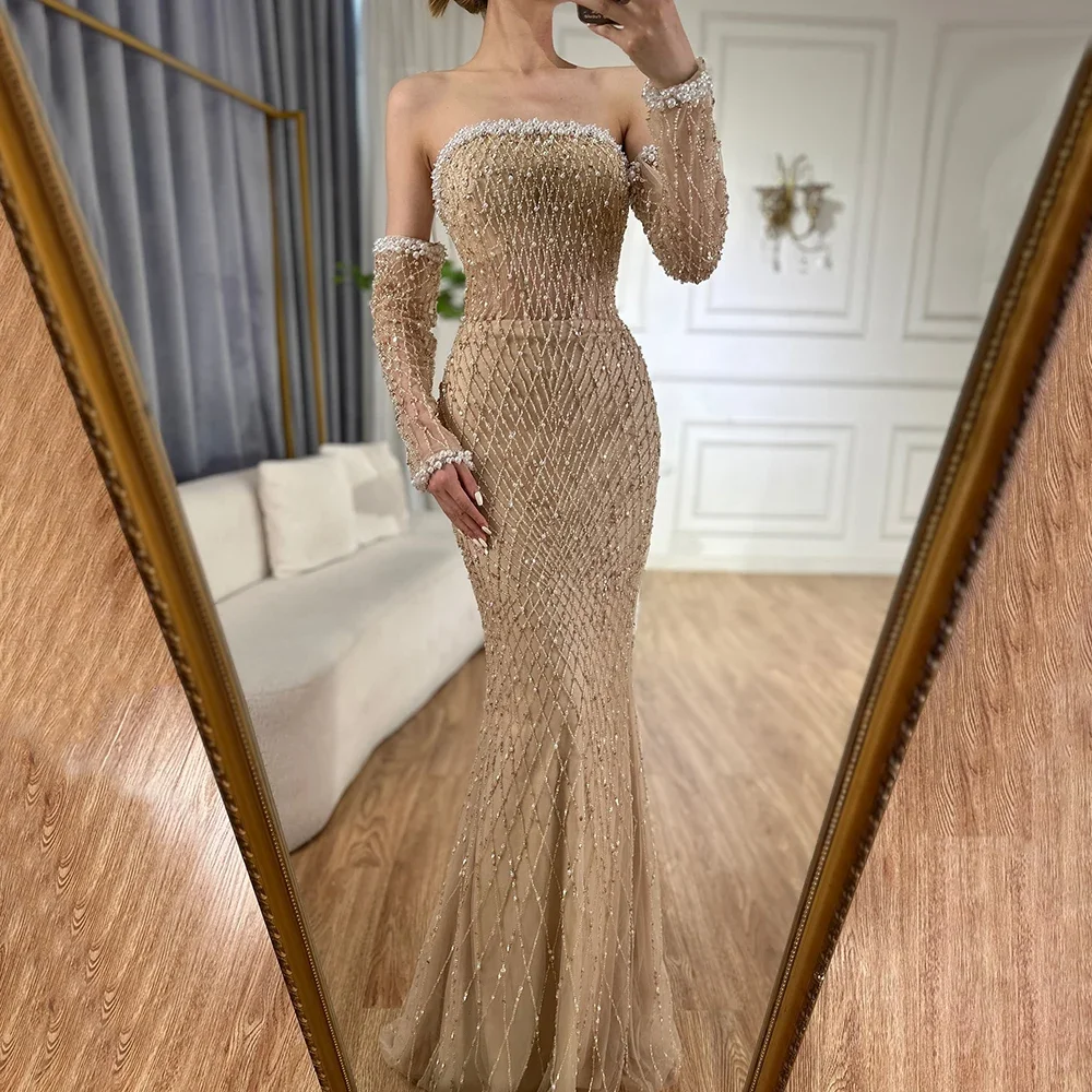 Serene Hill 2025 White Nude Arabic Evening Dresses Beaded Dress With Gloves  For Formal Occasion LA72649 Customized - AliExpress 320