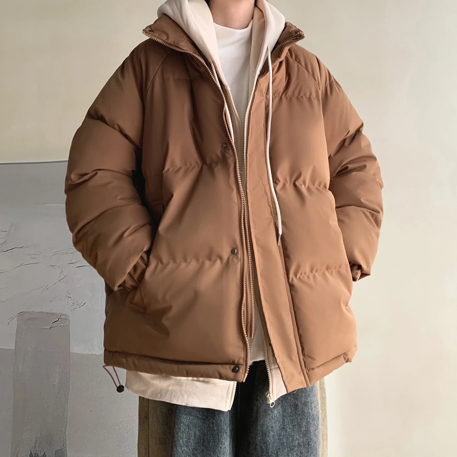 2023 Autumn Winter Men Fashion Solid Color Bright Cotton Clothes Fashion Fake Two Piece Hooded Padded Casual Loose Wadded Jacket