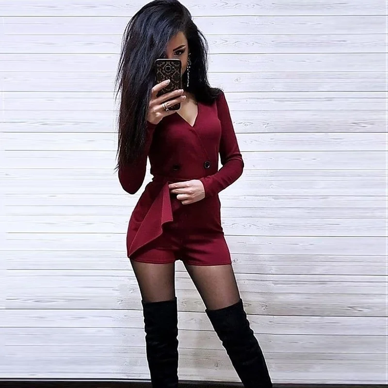 Autumn and Winter Women V-Neck Short Skirt Suit Fashion Jumpsuit Slim Fit Autumn and Winter Long Sleeve Dress