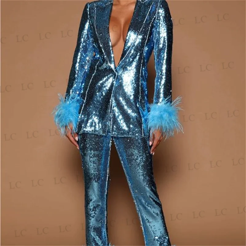 Sparkly Women Suits 2 Piece Blazer Pants One Button Feather Sleeve Sequins Party Slim Fit Sexy Beads Plus Size Tailored Mother