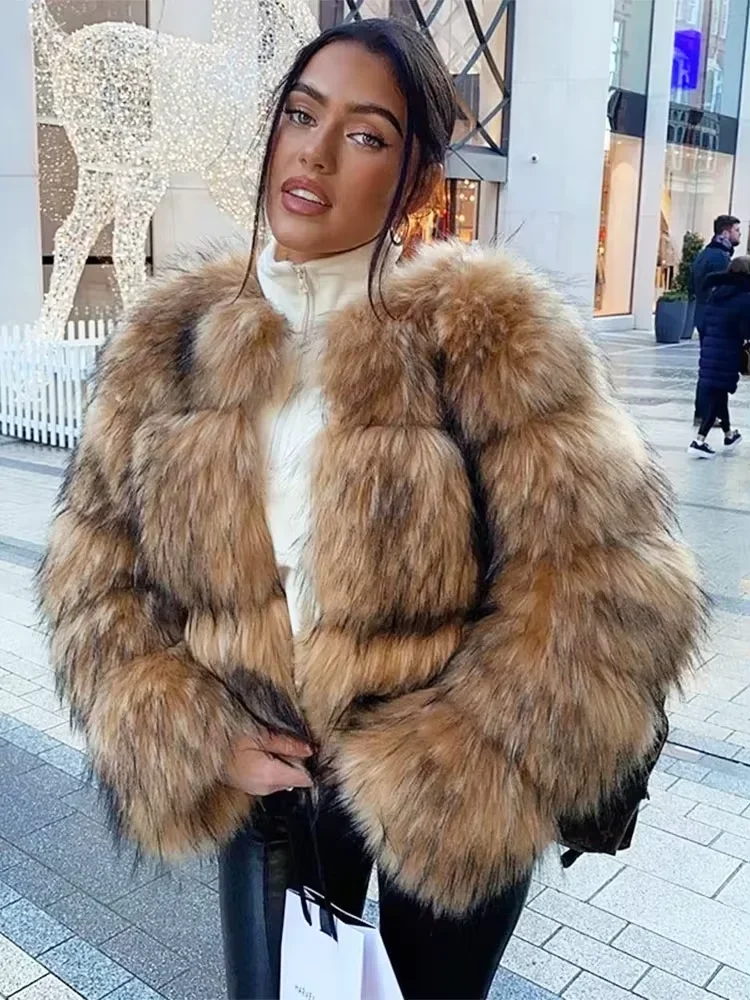 Women Fashion Faux Raccoon Fur Coat Luxury Short Furry Fur Top Jacket Women Winter Plush Fluffy Jacket Thick Fur Coats for Women