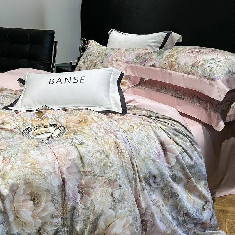 American Style Vintage Flowers Prints Luxury Bedding Set 1000TC Egyptian Cotton Duvet Cover Set Flat/Fitted Bed Sheet Pillowcase 3