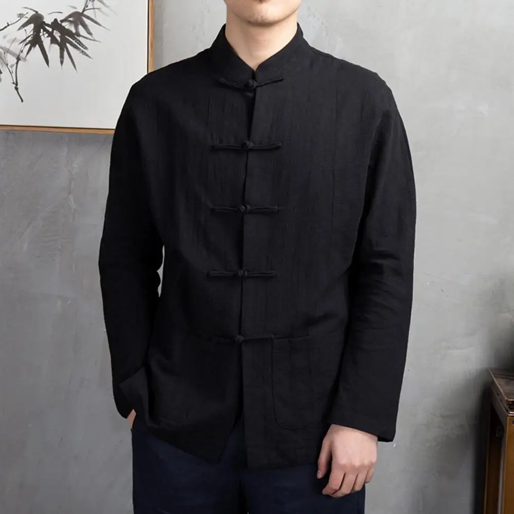 Solid Color Stand-up Collar Shirt Traditional Chinese Style Men's Mandarin Collar Shirt with Long Sleeves Pockets Classic Kung new chinese style office lady nude shirt silk with landscape patterns jacquard tops mandarin collar slanted placket shirts women