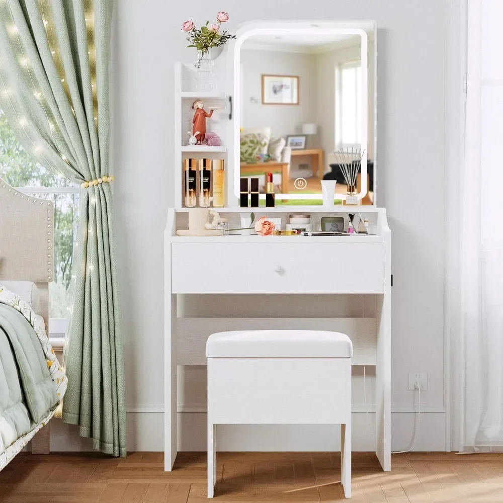 

Dressers for Bedroom Vanity Table Set With Storage Drawer & Chair & 3 Shelves Furniture Makeup Dressing Table With Mirror White