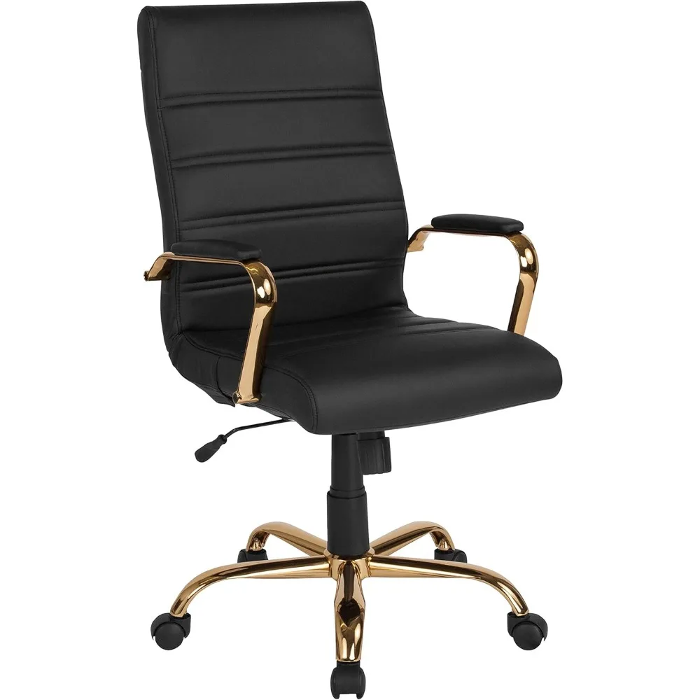 High Back Black LeatherSoft Executive Swivel Office Chair with Gold Frame Arms 2