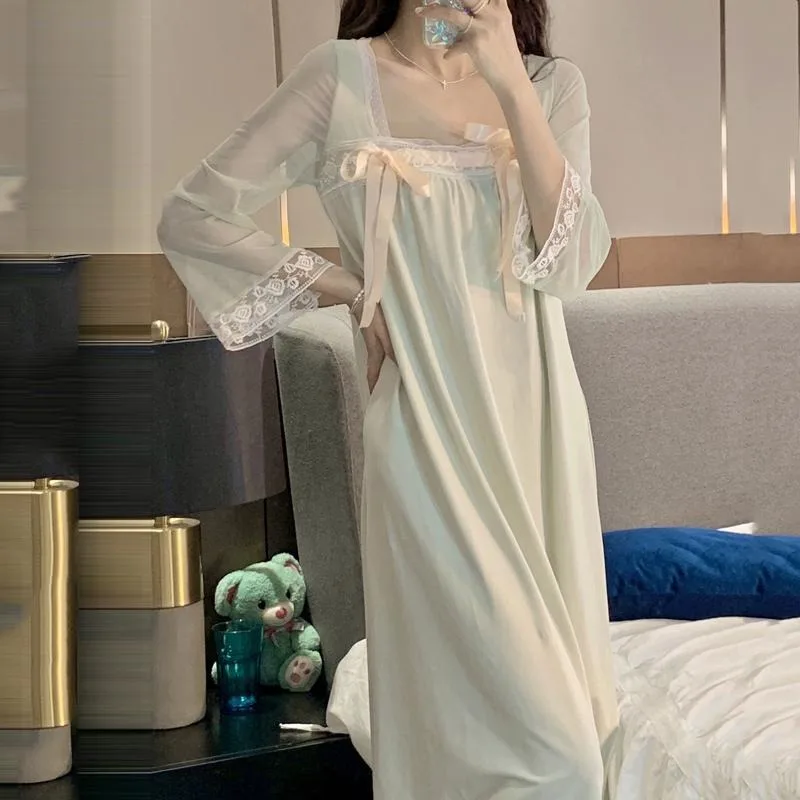 150kg Palace Wind Nightgown Women French Princess Wind Sleepwear Loose Extra Large Size Thin Long-sleeved Pajama Bow Sleepshirts