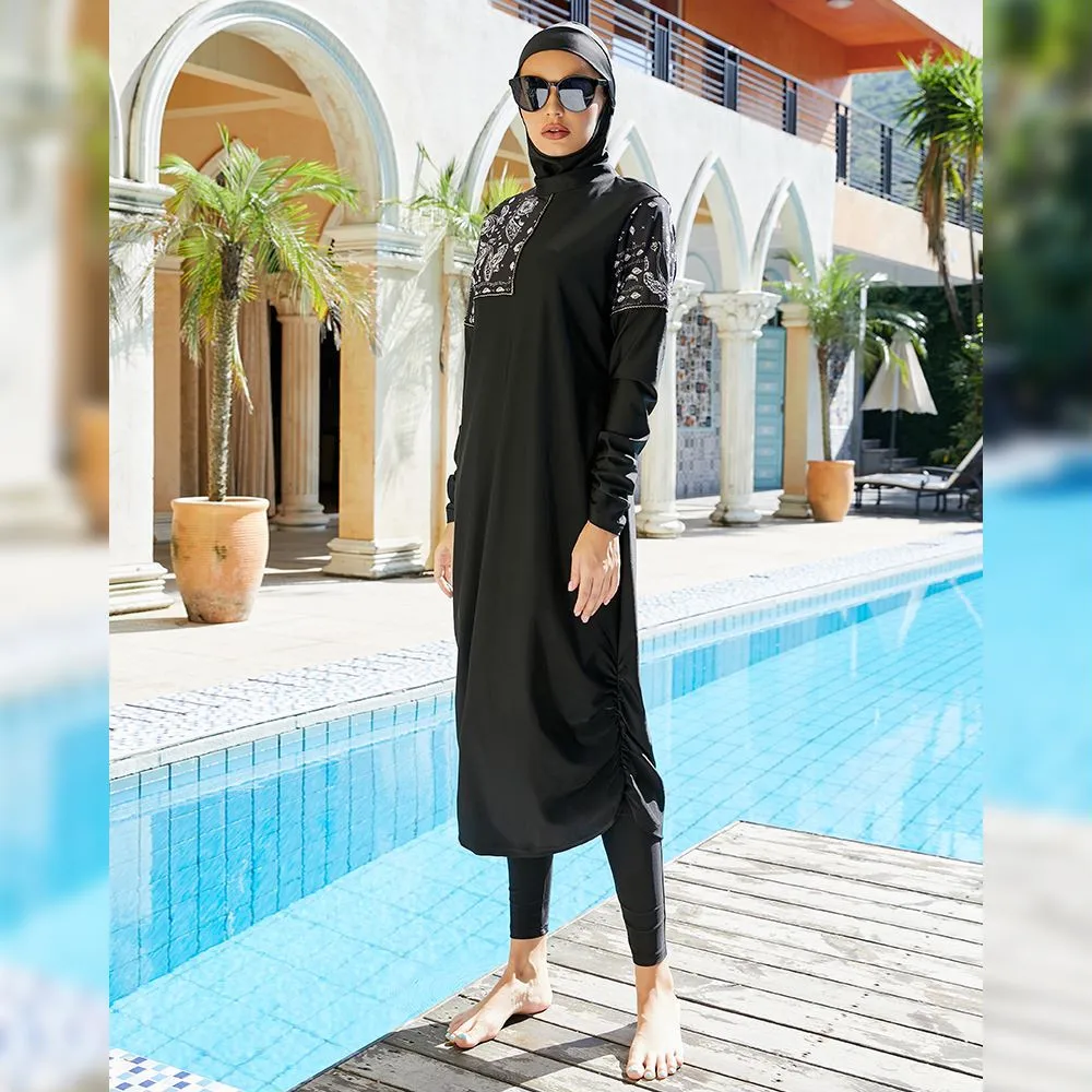 

Modest Women Muslim Hijab Black Print Swimwear Long Abaya Pant Set 3 Piece Full Cover Burkini Swimsuit Islamic Arab Bathing Wear