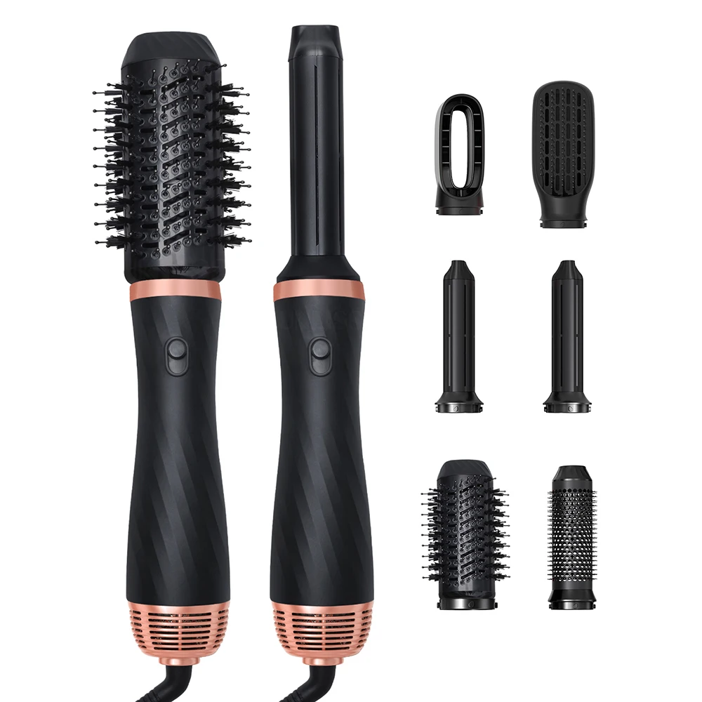 3 mode rotating curler straightener professional half automatic curling iron high temperature resistant double row comb 230℃ Electric Hair Dryer Brush 6 In 1 Hot Air Straightener Hair Styling Heating Blowing Comb Rotating Curling Iron Set Professional