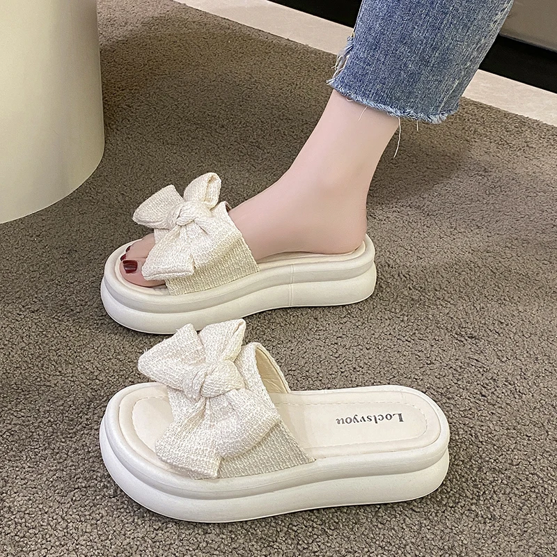 

Шлепанцы женские однотонные с бантом, повседневные модные тапочки на толстой подошве, с круглым носком, Нескользящие, для улицы, лето 2024